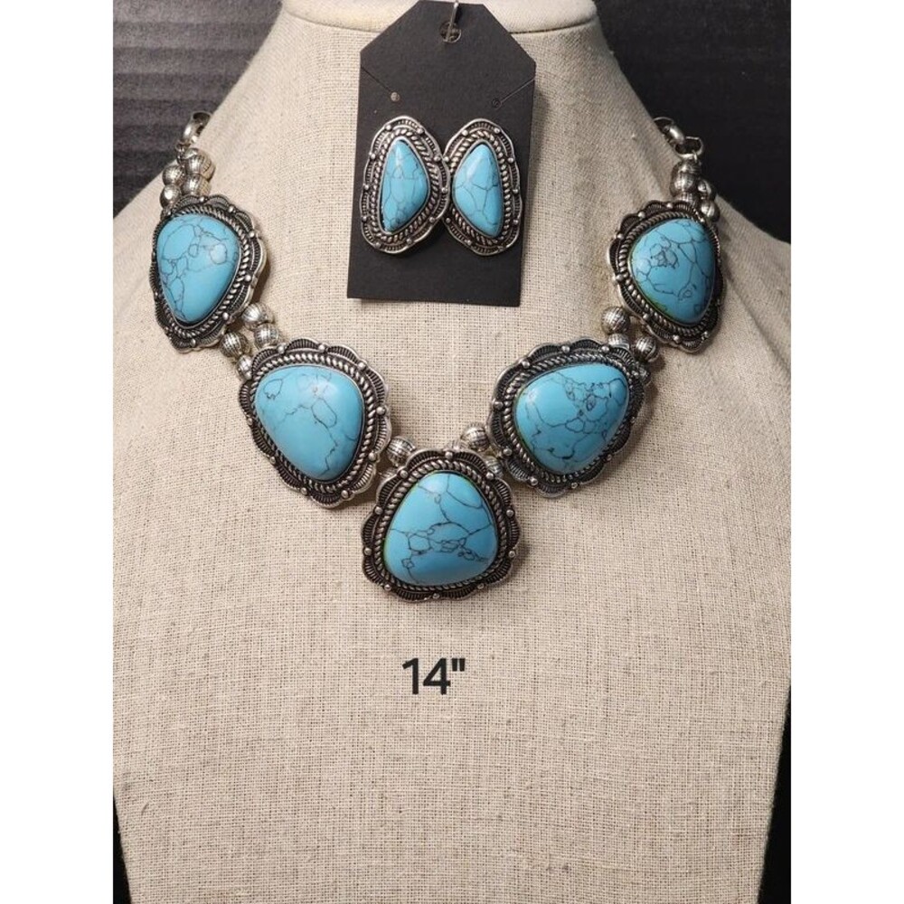 Southwestern Faux-Turquoise Statement Necklace & Earrings Set
